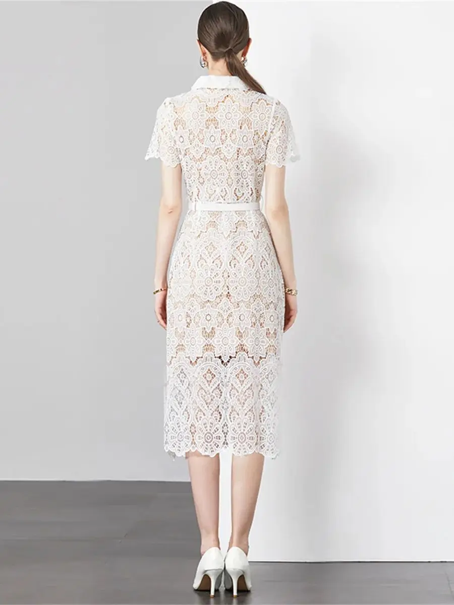 American Vintage Embroidery Lace White Dress Women's Lapel