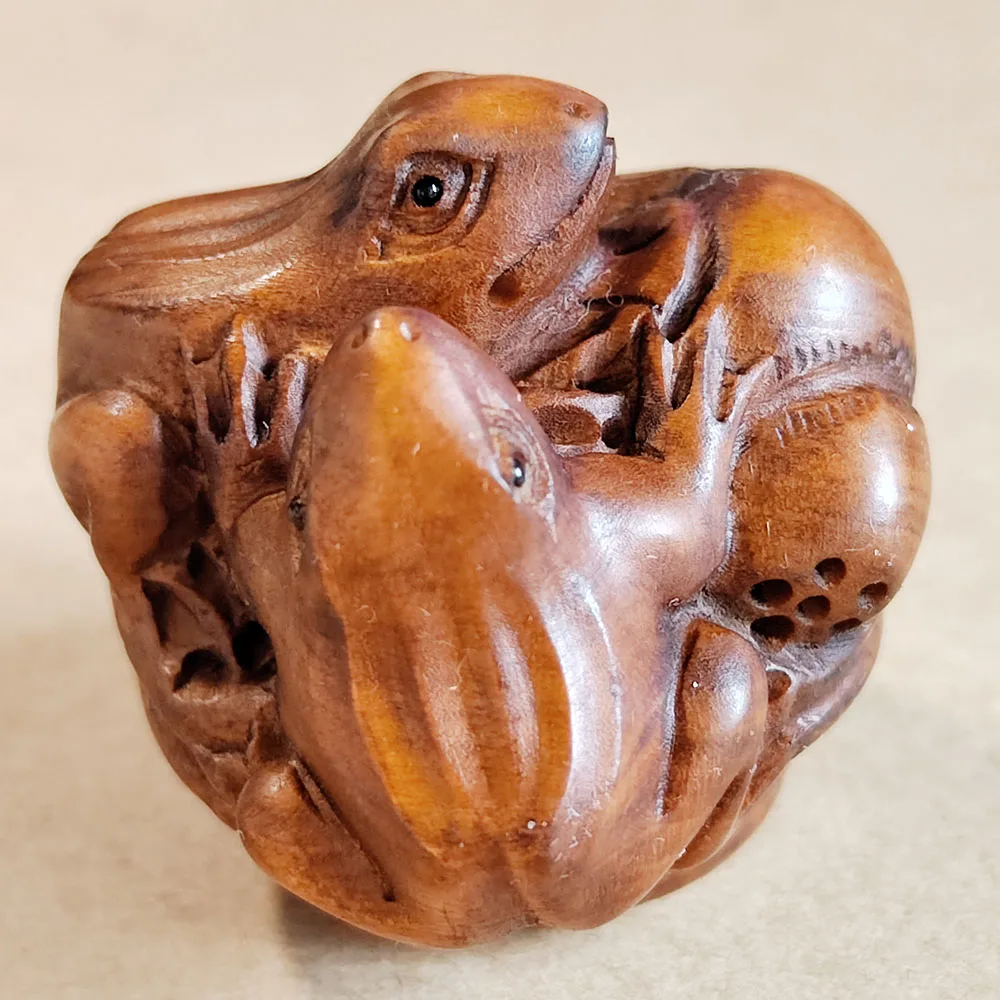 

Y8377-1,6 "резная вручную фигурка Netsuke из ящика резьба: 2 лягушки