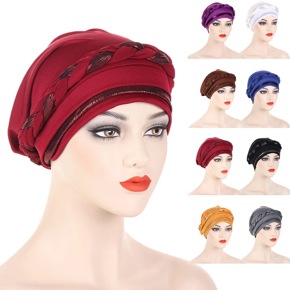

India Solid Turban Cap Muslim Women Hijab Chemo Hat Braid Headscarf Beanie Bonnet Canner Islamic Headwear Wrap Hair Loss Cover