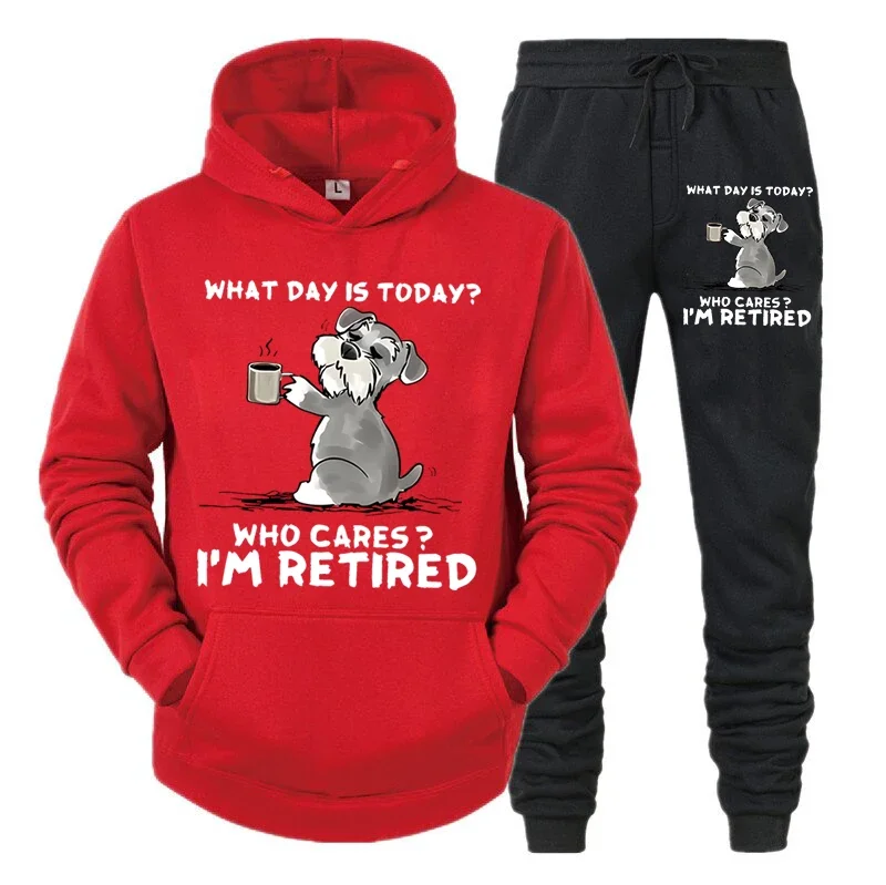 Conjunto de chándal para hombre nuevo "¿Qué día es hoy? ¿A quién le importa?" Sudadera con capucha y pantalón con estampado divertido de perro y café, conjunto de 2 piezas de pantalones de manga larga