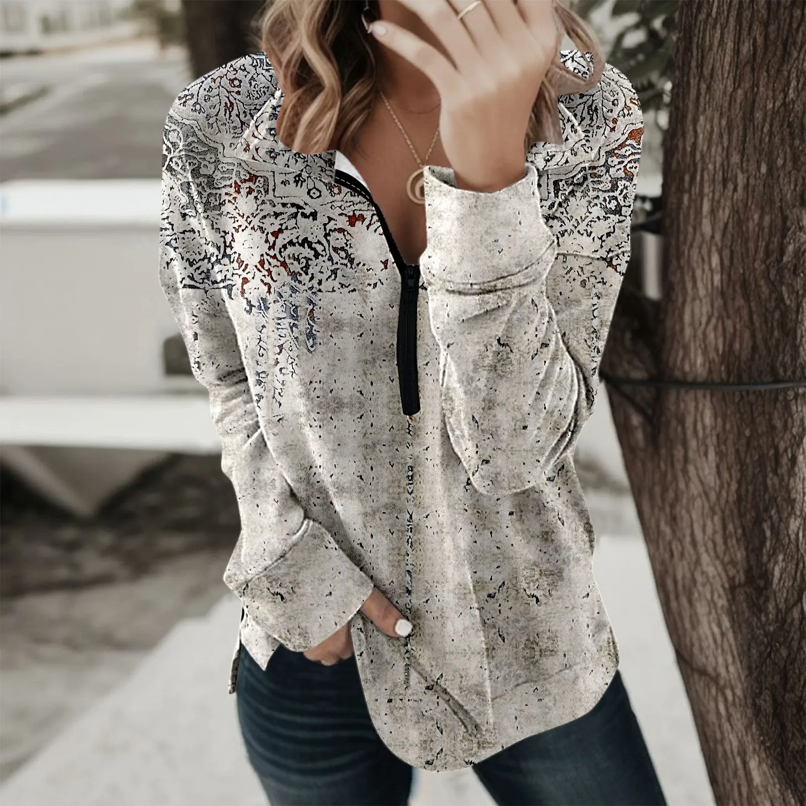 

Ziper Pullover For Women Ethnic Print Sweatshirt Loose Fit V-Neck Sweatshirt Long Sleeve Hoodie Clothes For Ladies Autumn