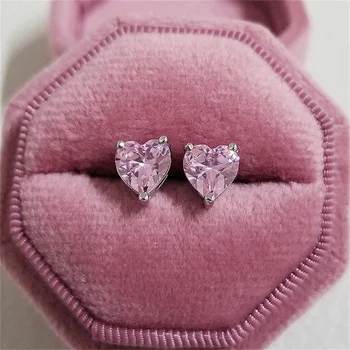 Girls Pink Love Heart Stud Earrings For Women Silver Black Gold Color Tiny Zircon Wedding Ear Studs Daily Party Simple Jewelry
