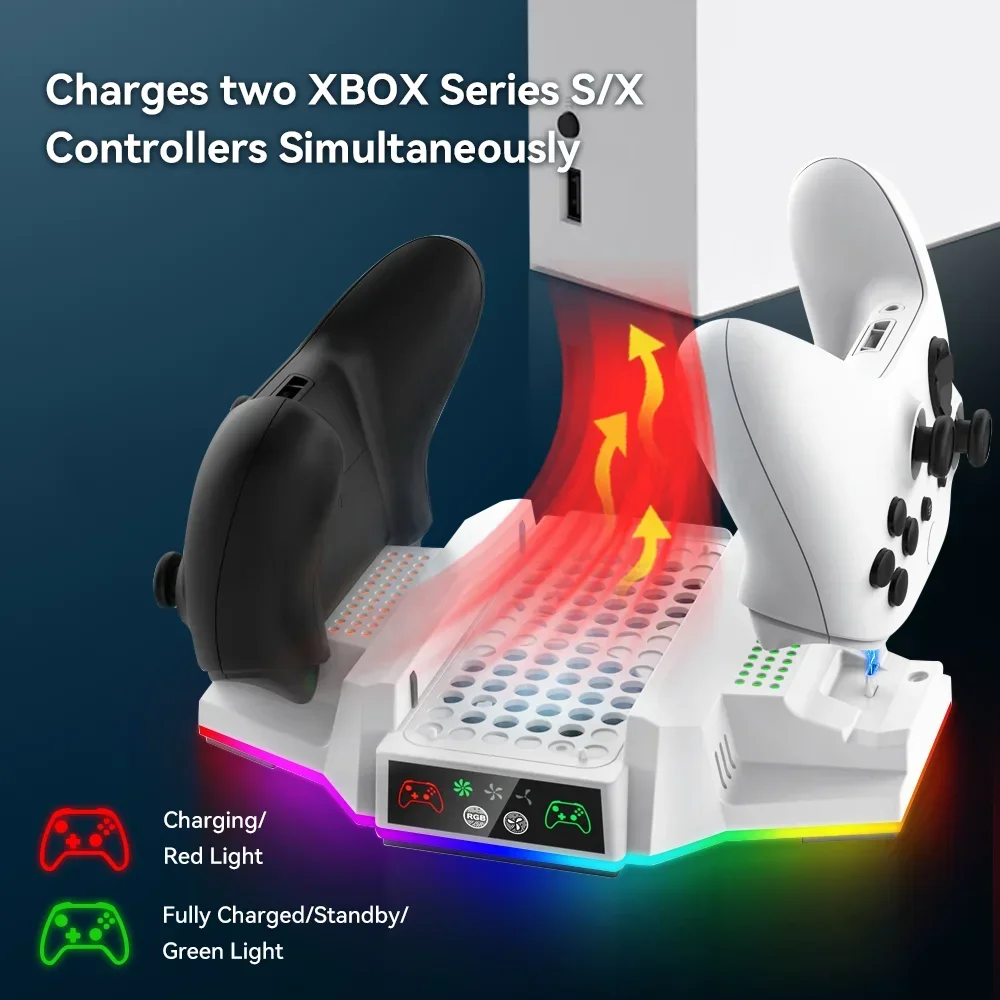 Cooling Stand for Xbox Series S Console with 3 Level Adjustable Speed Charger Base for Xbox Series S/X Controller with LED Light