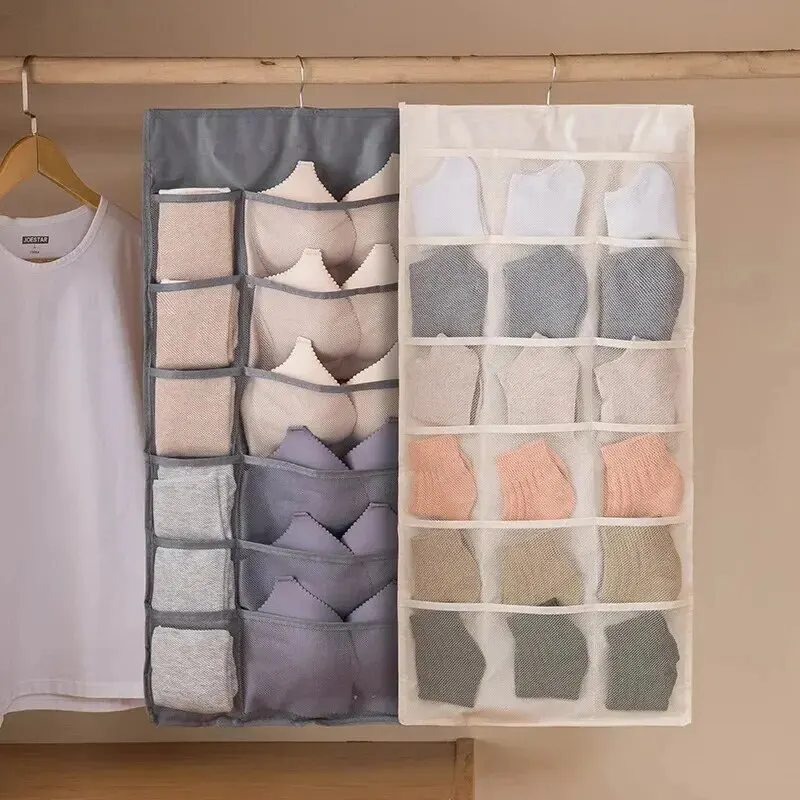2-sided Hanging Storage Bag Underwear Socks Bras Home Use Wardrobe Hanging Bag Pink Grey Beige Modern Simple Style hanging storage bag