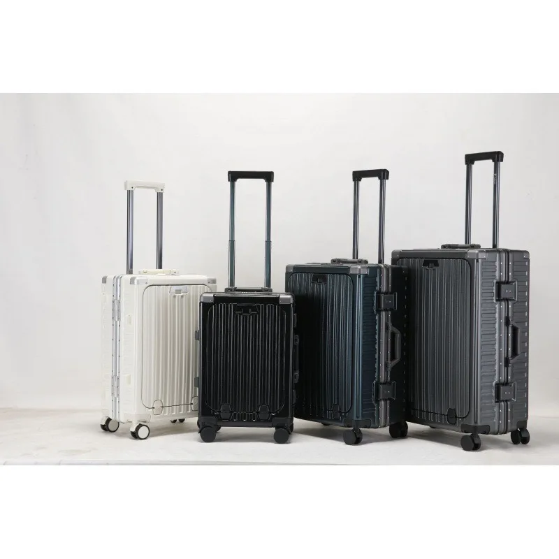 Large Capacity Rolling Luggage Front Opening Aluminum Frame with Cup Holder USB Charging Trolley Case Carry-Ons Travel Suitcases