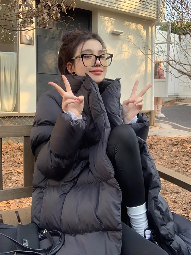 Solid Black White Stand Collar Down Jacket For Women's Winter 2022 New Knee Length Thickened Cotton Padded Coat