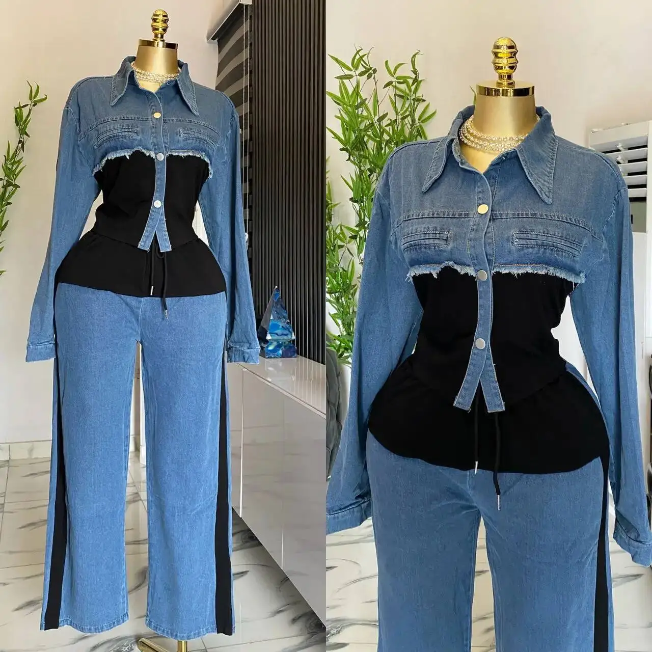 Ensemble deux pièces pour femmes, pantalon en Denim, épissure assortie, haut de printemps, jambes larges, pantalons longs, décontracté, ample, à lacets, taille haute, survêtement