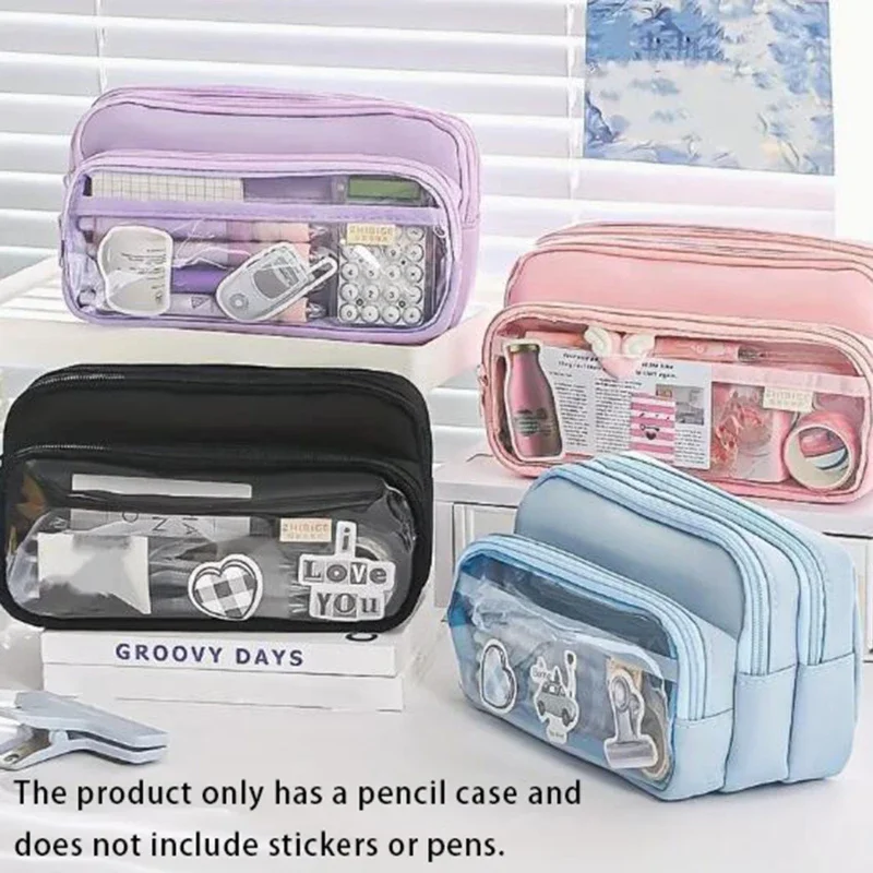 Chic Solid Color Pencil Case Korean Simplicity Transparent Pen Pouch Large Capacity Organizer Bag School SuppliesStationery bag 1