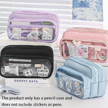 Chic Solid Color Pencil Case Korean Simplicity Transparent Pen Pouch Large Capacity  Organizer Bag School SuppliesStationery bag 1