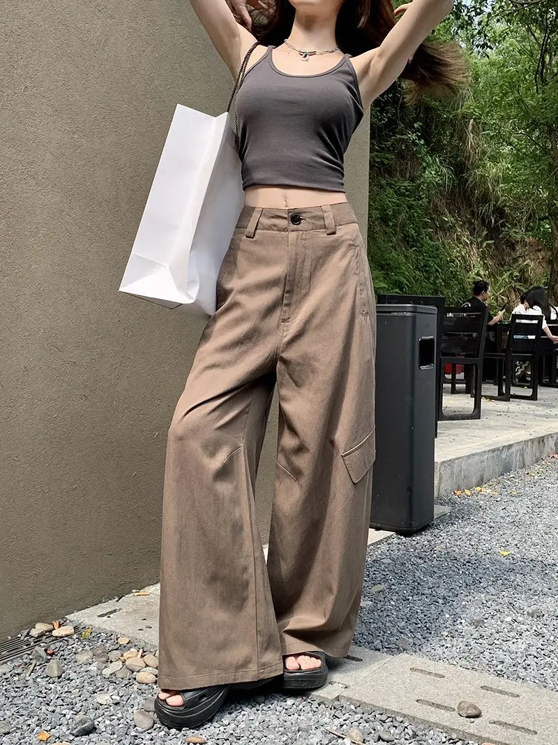 Fashion Korean workwear casual pants women summer American loose versatile high waisted y2k retro street wide leg trousers