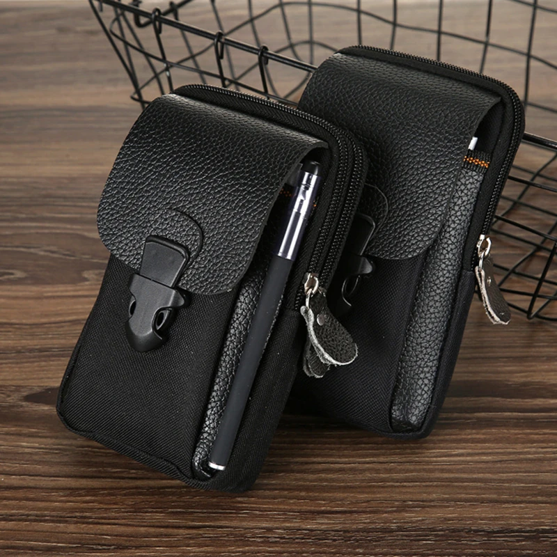 

Black Men's Mobile Phone Bag Pu Leather Double Zipper Men's Waist Bag Coin Purse Outdoor Male Waist Bag