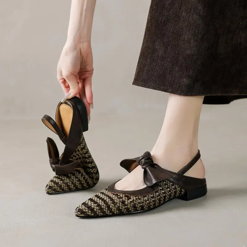 Women's Size 34-40 New Genuine Leather Sandals Slingbacks Bowtie Low Heels Weaving Pointed Toe Summer Shoes