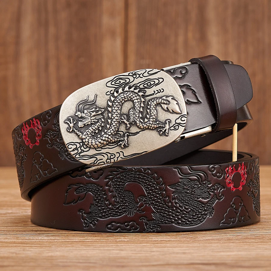 Male Genuine Leather Belts Casual Ratchet Belt with Automatic Buckle Luxury Design Dragon Pattern Belts for Business Men Strap