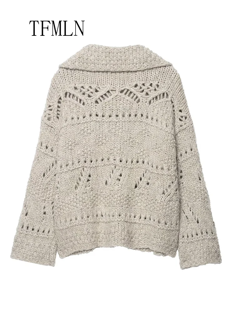 Oversize Women Hollow Out Knitted Sweaters 2025 Autumn Lapel Single Breasted Thick Loose Overall Fashion Causal Long Sleeve Coat
