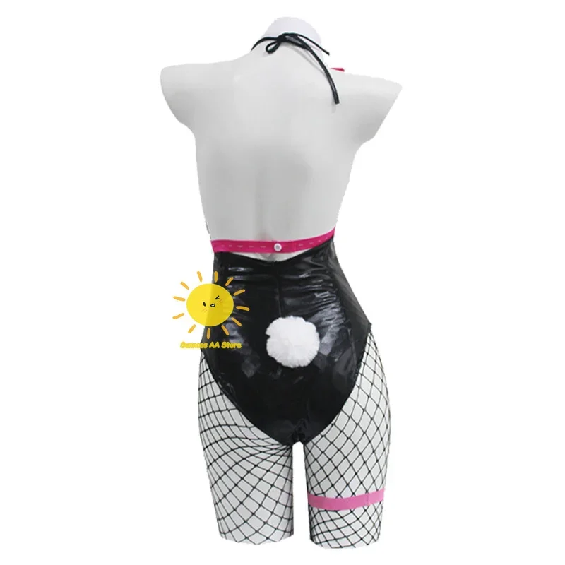 Black Patent Leather Bunny Girl Cosplay Costume with Wig and Accessories