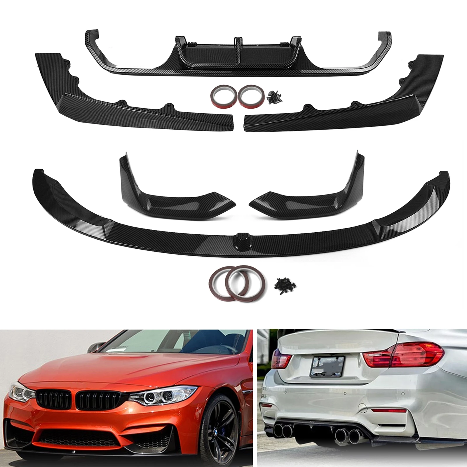 

Для BMW F80 M3 F82 F83 M4 2015 2016 2017 2018 2019 2020 глянцевый черный/углеродное волокно вид задний диффузор комплект + передний бампер спойлер губа