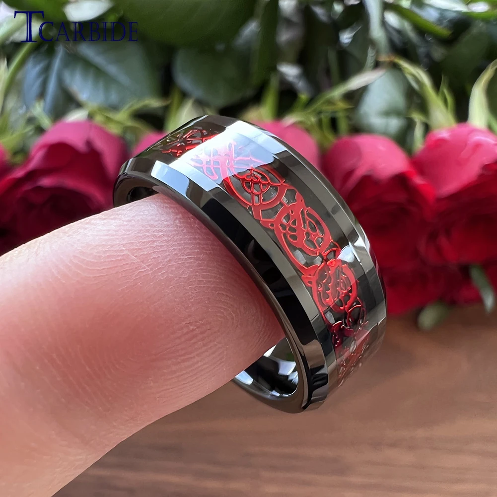 8MM Black Mens Womens Tungsten Carbide Engagement Wedding Ring With Red Opal Dragon Inlay Superior Gift Jewelry Comfort Fit