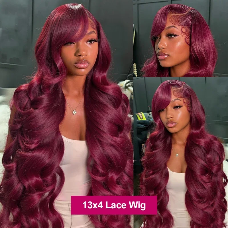 99j burgundy 13x6 Lace Front Wig Human Hair 200 Density Body Wave 30 36 Inch Red Colored Loose Wave 13x4 Lace Frontal Wigs