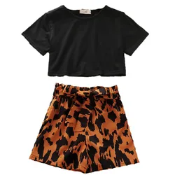 T shirt court + Short imprimé léopard pour filles, vêtements Sexy en coton pour enfants de 6 à 12 ans, nouvelle collection 