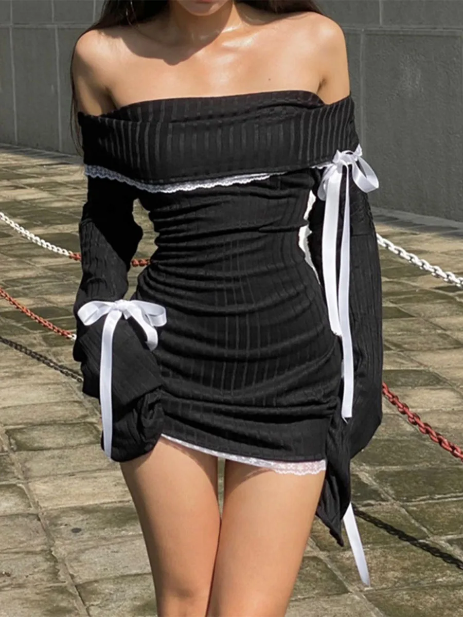 

Женское черное облегающее платье с открытыми плечами, повседневное милое облегающее платье в стиле ретро с длинным рукавом и бантом, Пляжное коктейльное уличное платье