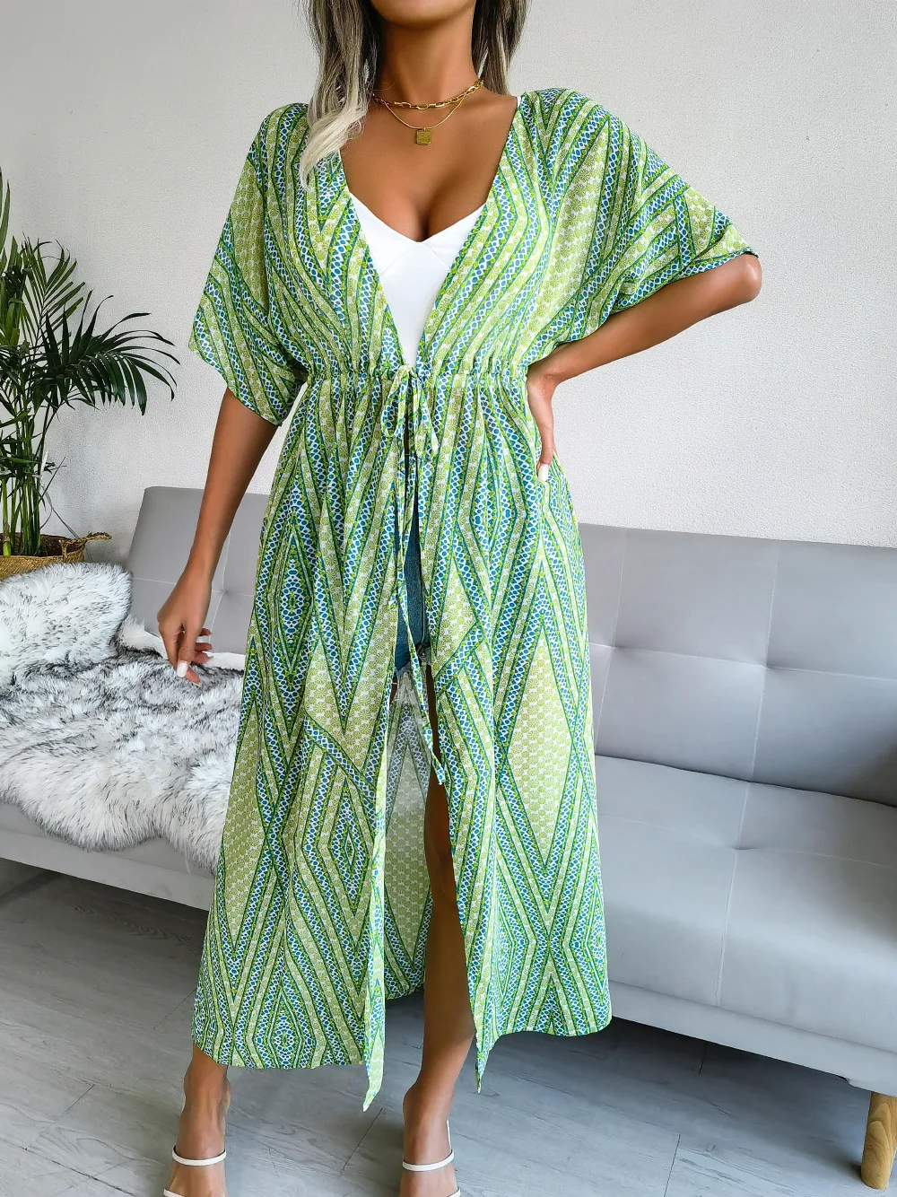 Summer Women Casual Lacing Printing Striped Chiffon Beach Sun Protection Clothing Oversize V-neck Chiffon Multicolor Cardigan bikini cover up set