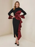 Freeacy Women's Black Red Ruffled Dress High Neck Long Sleeves High Waist Slim Fit Midi Dress Female Elegant Evening Dresses - Image 2