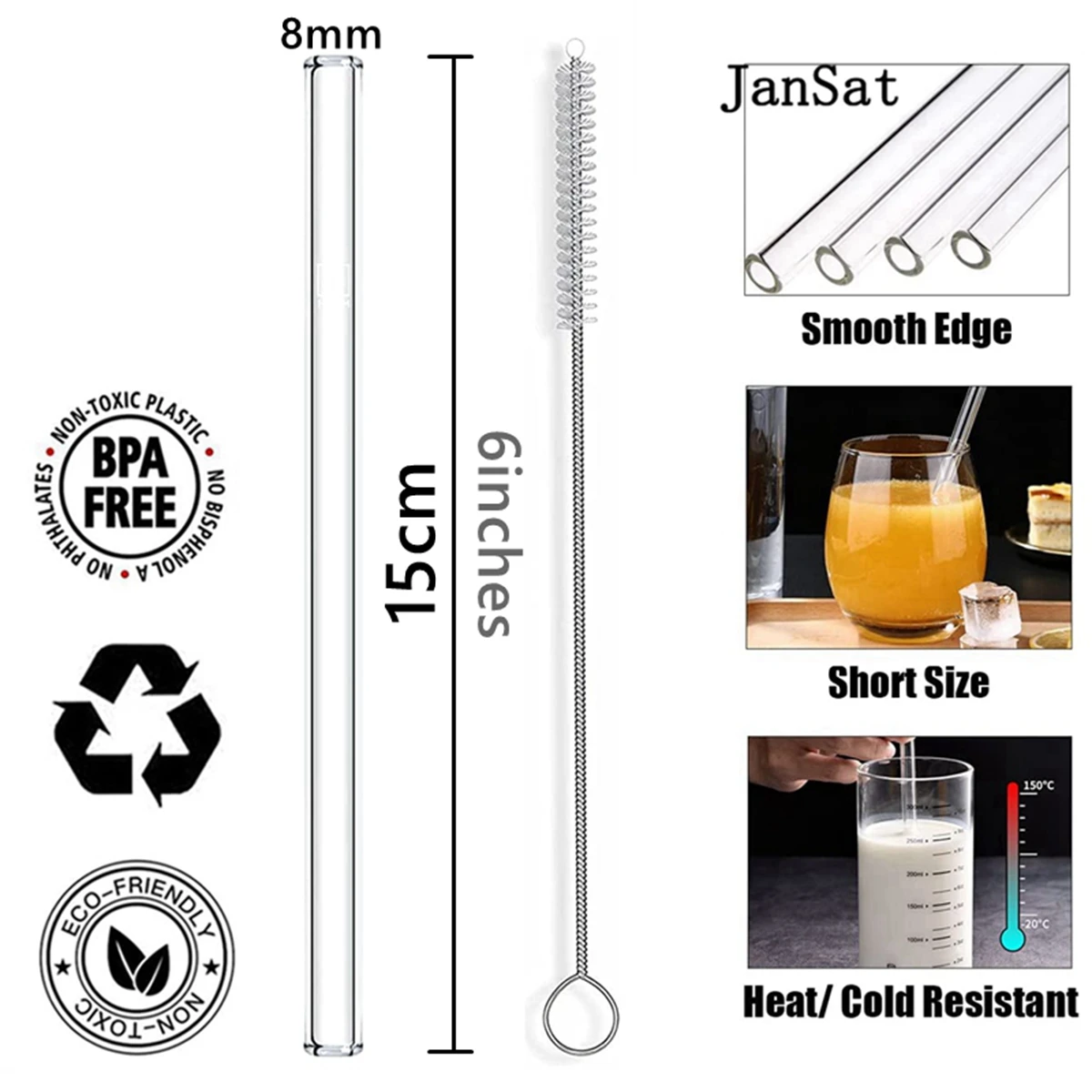 8pcs plié 15cm - Réutilisable Pailles En Verre Écologique Pailles À Boire  pour Smoothies Lait Café Boissons B