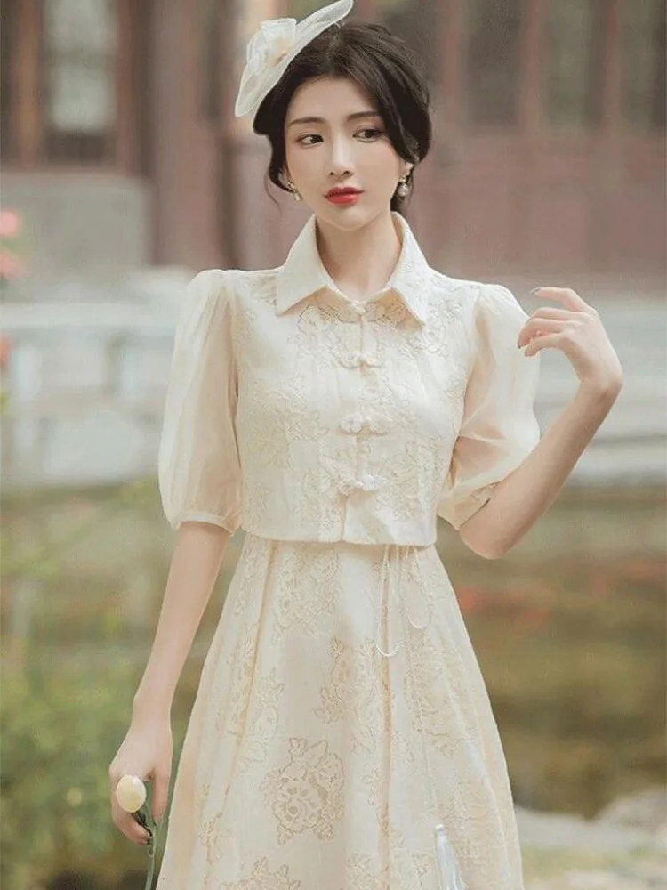 

CON French Retro Suit Short Sleeved Sweet Lolita Dress Fairy Literary Waist Lace Dress