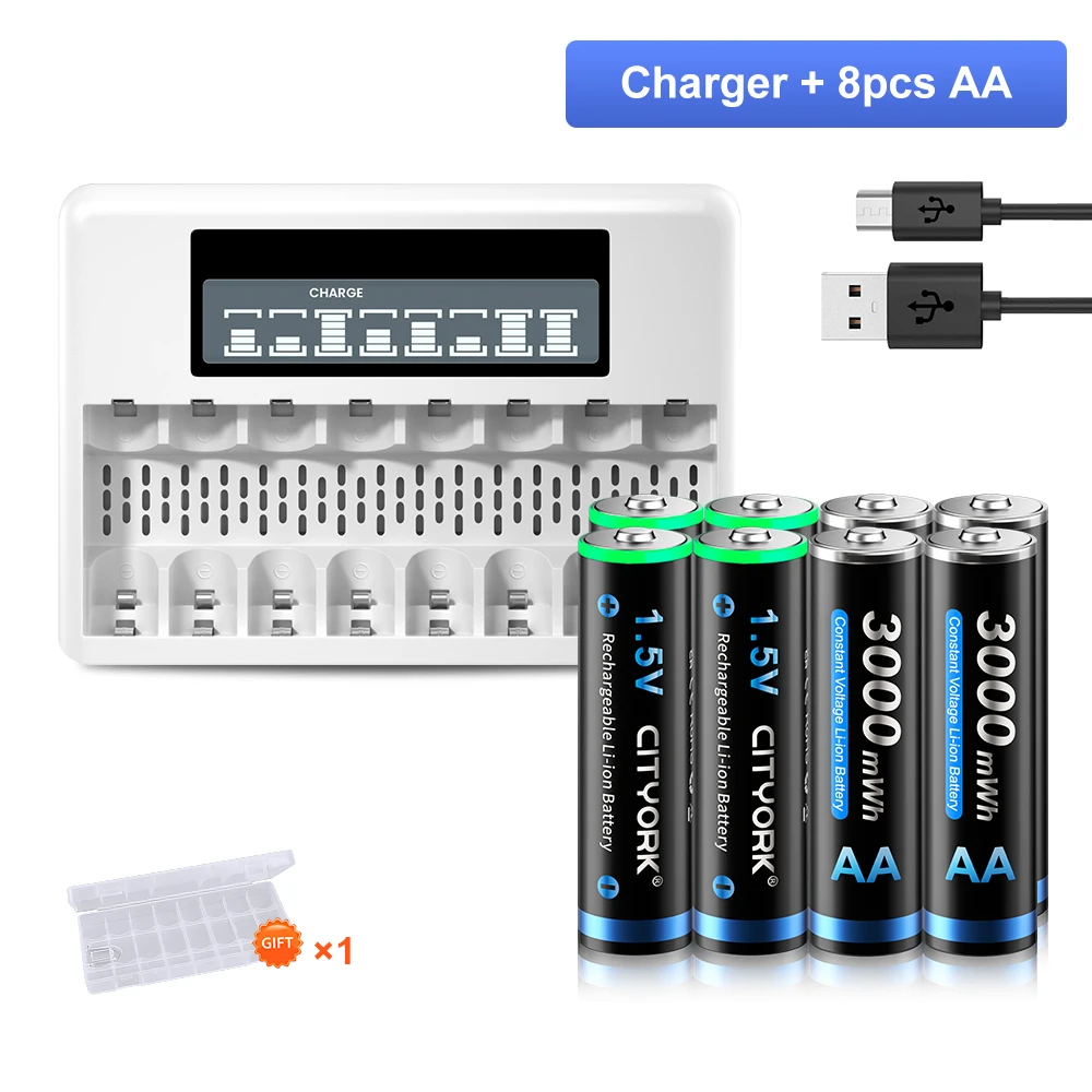 

1.5V AA Li-ion Battery AA Rechargeable Lithium Batteries For Fan Electric Toy Mouse + 8 Slots 1.5V AAA AA Li-ion Battery Charger