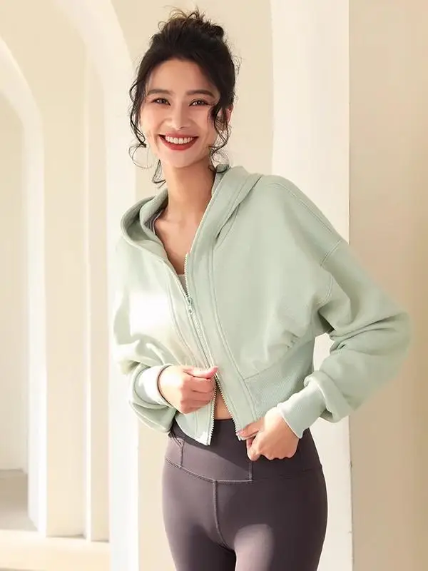 Lulu Vuru 여성용 스포츠 자켓 캐주얼 루즈 러닝 피트니스 지퍼 셔츠 짧은 스타일 트렌디 아우터 긴 소매 후드티