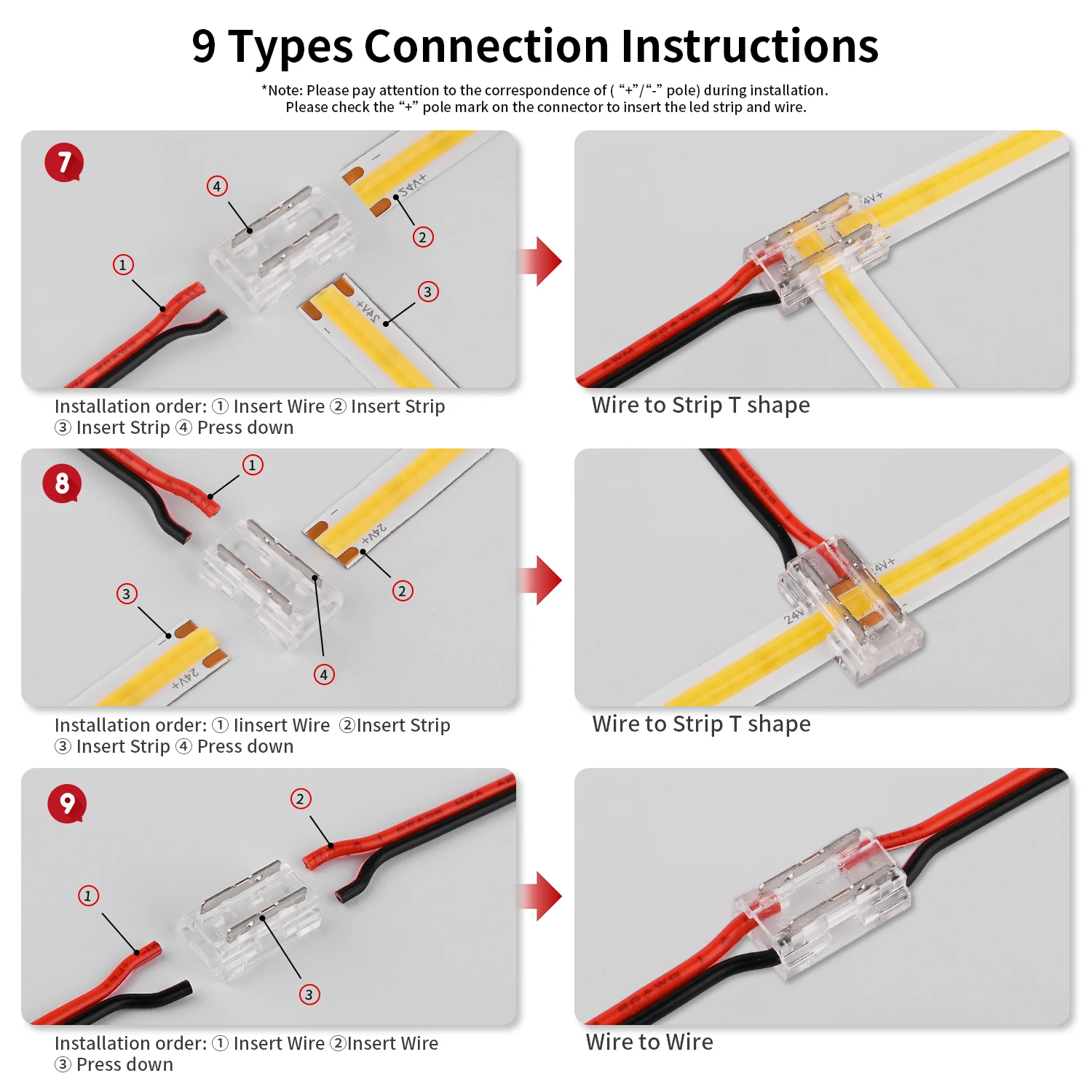 LED Connector Solderless 9 in 1 Transparent Connectors DIY L T X Shape 15cm Wire For 2pin 8mm 10mm COB LED Strip Lights 8pcs