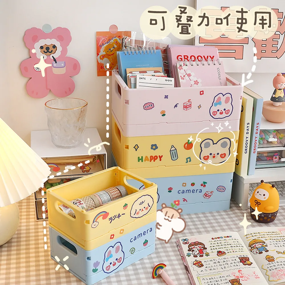 

Collapsible Storage Basket With Sticker Desktop Folding Plastic Storage Container Crate Storage Box For Stationery Organizer