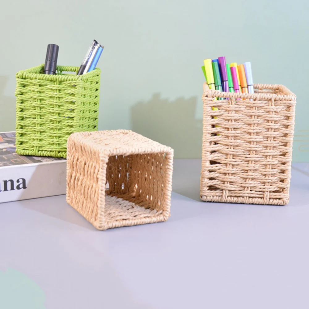 Manual Rattan Desktop Storage Basket Wicker Makeup Brush Pen Holder