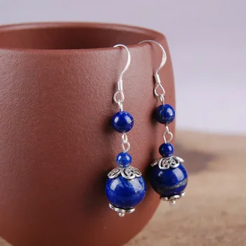 925 Silver Natural Lapis Lazuli 4-8mm Beads Earrings Original Simple Jade Pulp Bead Handmade Gift Women Fine Stone Jewelry
