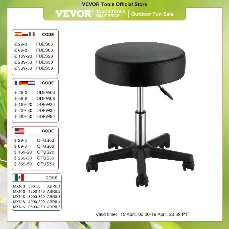 VEVOR Rolling Round Stool 40 cm Diameter with 5 Swivel Casters 360° Rotation Height Adjustable Round Stool for Bar Salon Office