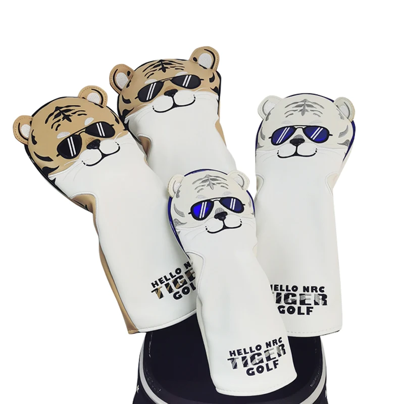 Golf Headcover Tiger Pattern PU Leather Golf Club Covers For Driver Fairway Hybrid Waterproof Protector Set Golf Wood Head Cover