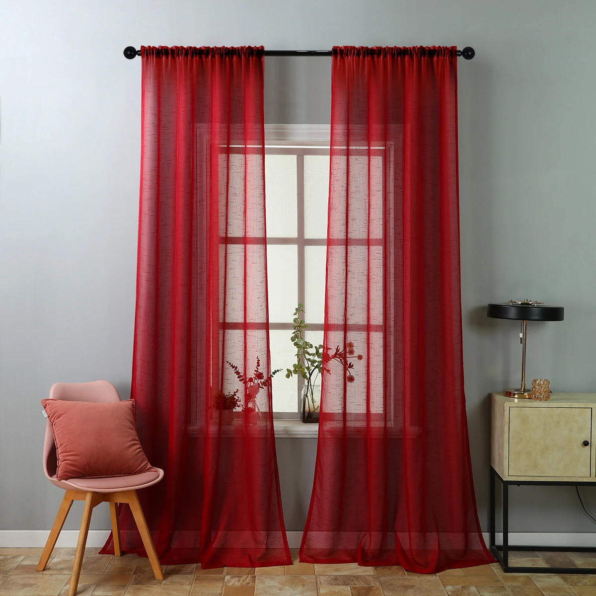 단색 얇은 커튼, 레드 축하 스타일 대마 거즈 커튼, 거실 장식, 투명 보일, 1 개 Best5 단색 얇은 커튼, 레드 축하 스타일 대마 거즈 커튼, 거실 장식, 투명 보일, 1 개 Best5