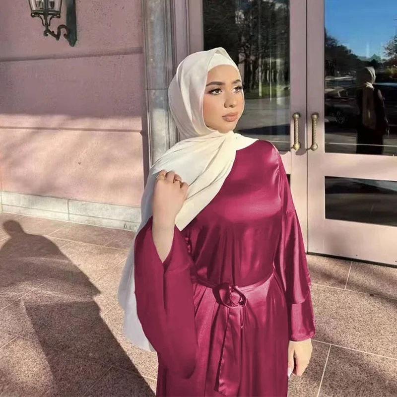 2023 Loose Dubai Turkey Abayas for Woman Muslim Fashion Satin Robe Femme Musulman Solid Color Double Flared Robe