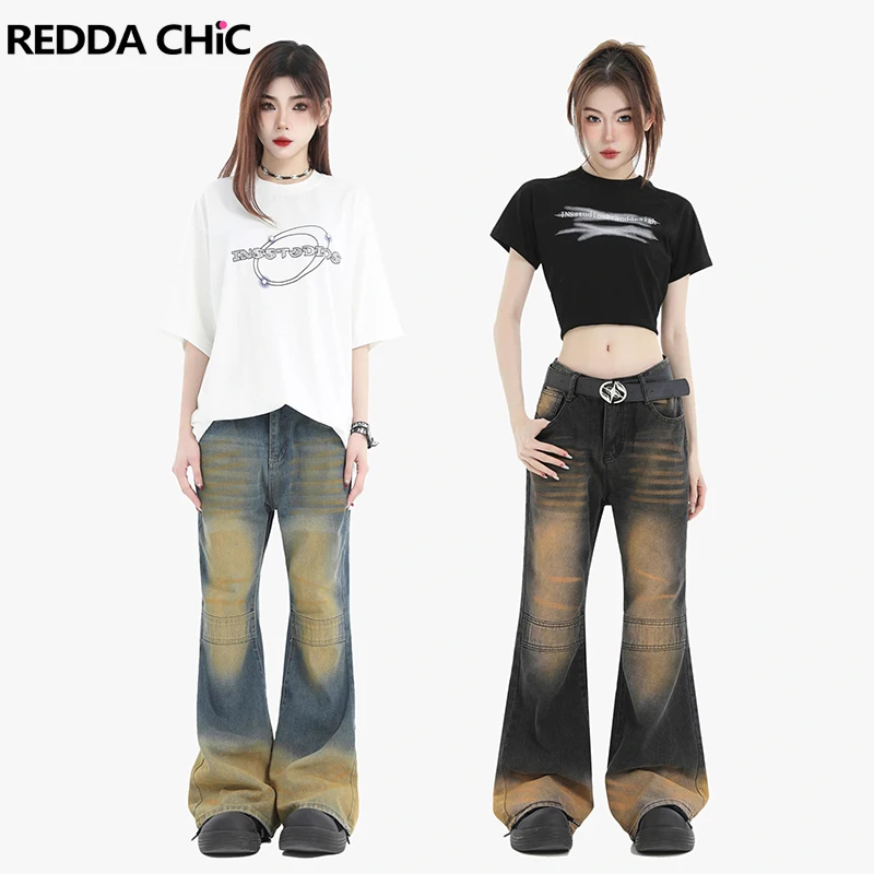 Reddachic Vintage Wash Gradient Flare Jeans Donna Line Patchwork Baffi Bootcut Denim Pants Bell Bottoms Coreano Y2K Streetwear