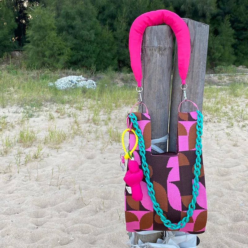 Women's Knitting Fabric Knot Wrist Handbag Stripe Chequer Chess Design Shoulder Shopper Bag Decoration Purses Woolen Travel Tote