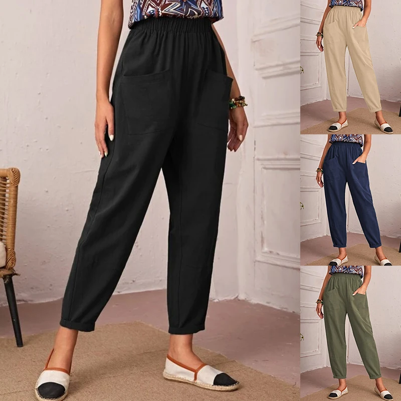 

S-3XL 4Colors Cotton Linen Elastic High Waist Ankle-length Pant Casual Women Summer Spring Daily Sport Travel Harem Trouser