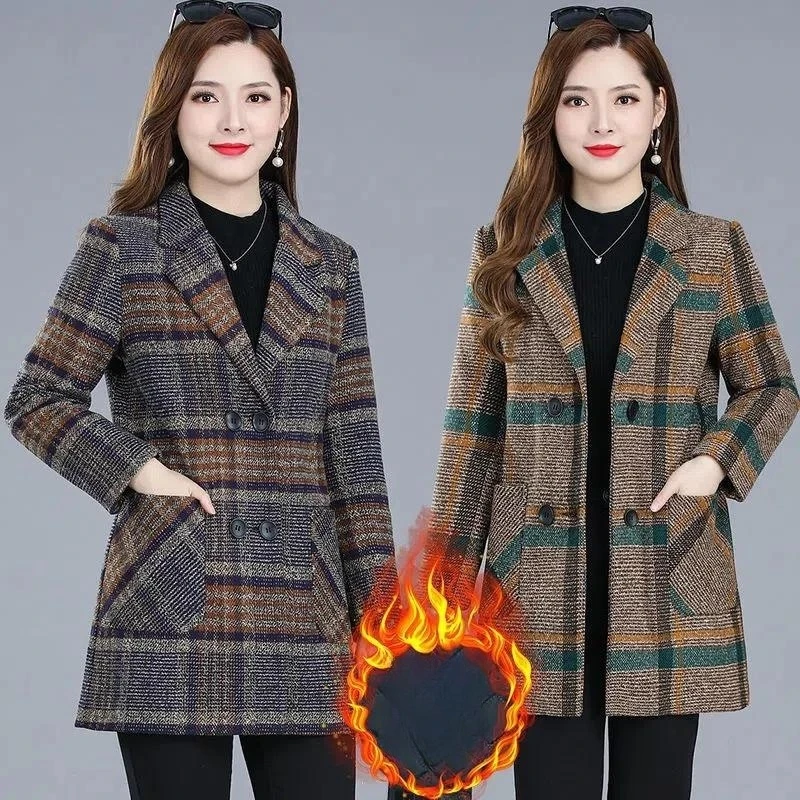 

Mom's New Spring Autumn Plaid Trench Coat Jacket Women's Long Sleeve Add Cotton Windbreaker Outerwear Overcoat Woman Clothing