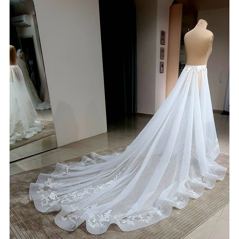 Lace Appliques Organza Bridal Detachable Skirt Wedding Removable Train for Dresses