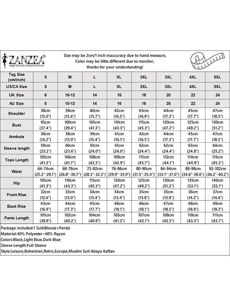 2023 ZANZEA Spring Women Solid Muslim Sets Long Sleeve Tops Wide Leg Pant 2PCS Casual Suit Casual Loose Party Outifits Oversized