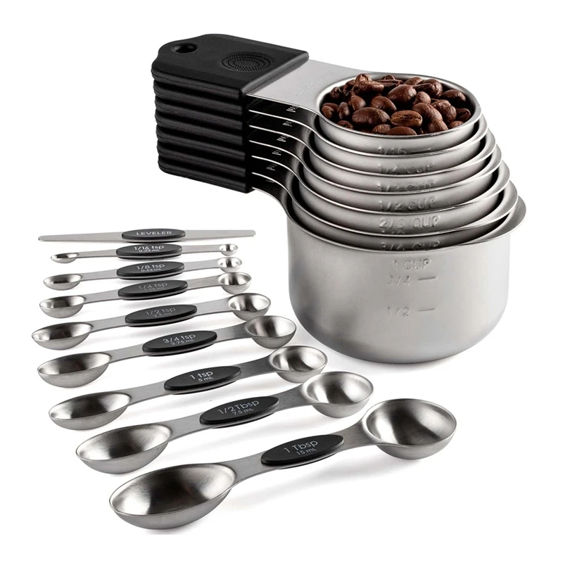 

16Pc Magnetic Stainless Steel Measuring Cups & Spoons Set, 7 Heavy Duty Cups,8 Double Sided Spoons With Leveler