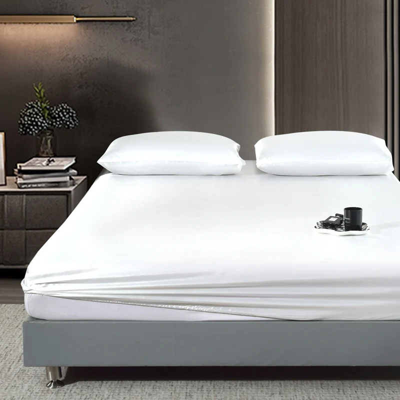 High-Quality Silk Fitted Sheet With Elastic Band Bedsheet Solid Color Fit Sheet Soft Comfortable Mattress Cover 2