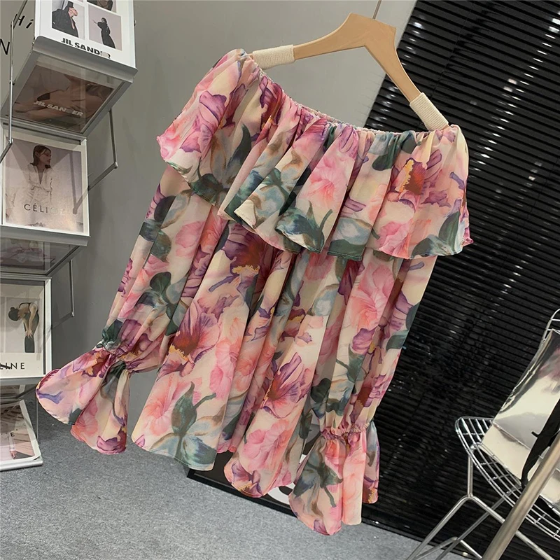 Fashion Slash Neck Printed Ruffle Flare Sleeve Blouses Women Clothing 2024 Spring Summer New Loose Chic Tops Office Lady Shirts