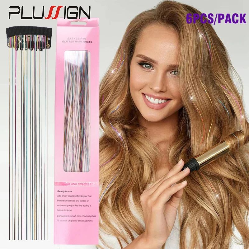

High Quality Clip In Hair Extensions 50Cm Long Straight Bling Hairpieces Sparkling Tinsel Hair Party Hair Accessories 6Pcs/Pack