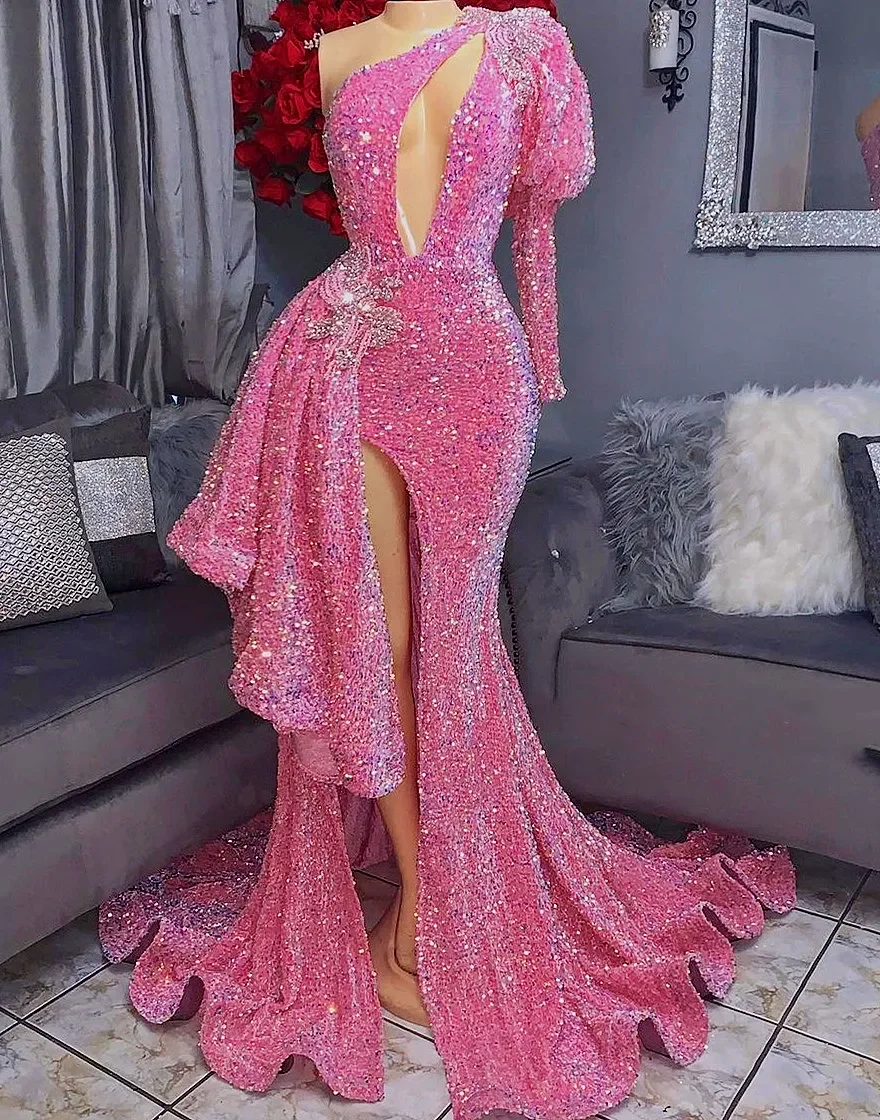 

Arabic Aso Ebi Mermaid Prom Dress Sequins Lace Evening Formal Party Second Reception Birthday Engagement Gowns Robe De Soiree