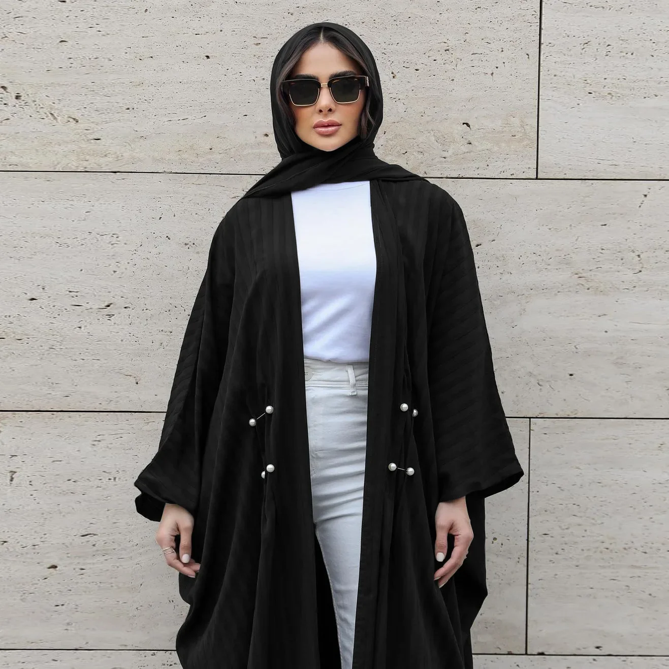 Eid Batwing Abaya for Women Striped Pearl Kaftan Abayas Cardigan Muslim Morocco Evening Party Dresses Caftan Long Robe Vestidos
